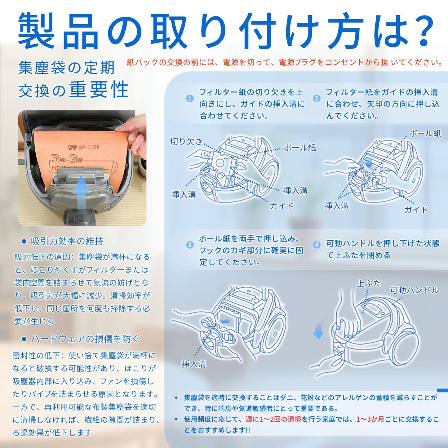日立掃除機 GP-110F 紙パック 防臭3種 3層HE パックフィルター CV-KP90G CV-KV70G CV-P500 CV-P85E1 高性能交換用紙パック強吸力回復 16枚